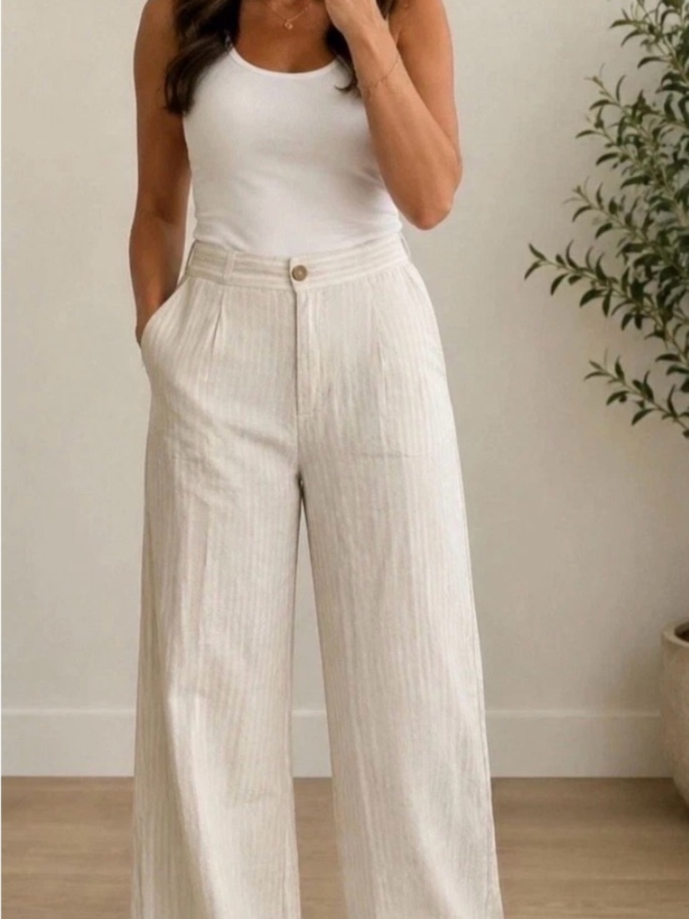 Michael Kors Cream Wide-Leg Linen-Blend Pants